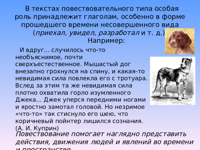    В текстах повествовательного типа особая роль принадлежит глаголам, особенно в форме прошедшего времени несовершенного вида ( приехал, увидел, разработал и т. д.).        Например:  И вдруг... случилось что-то необъяснимое, почти сверхъестественное. Мышастый дог внезапно грохнулся на спину, и какая-то невидимая сила повлекла его с тротуара. Вслед за этим та же невидимая сила плотно охватила горло изумленного Джека... Джек уперся передними ногами и яростно замотал головой. Но незримое «что-то» так стиснуло его шею, что коричневый пойнтер лишился сознания. (А. И. Куприн) Повествование помогает наглядно представить действия, движения людей и явлений во времени и пространстве. 