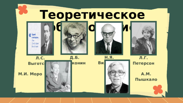 Теоретическое обоснование Н.Я. Виленкин Д.Б. Эльконин Л.Г. Петерсон Л.С. Выготский М.И. Моро А.М. Пышкало 