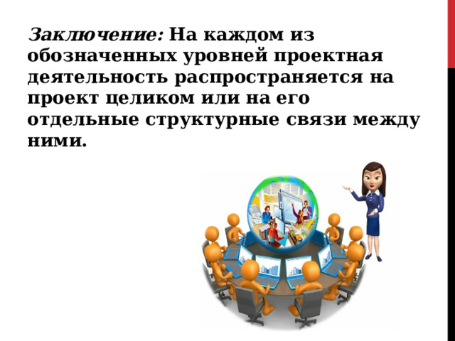 Заключение: На каждом из обозначенных уровней проектная деятельность распространяется на проект целиком или на его отдельные структурные связи между ними.  
