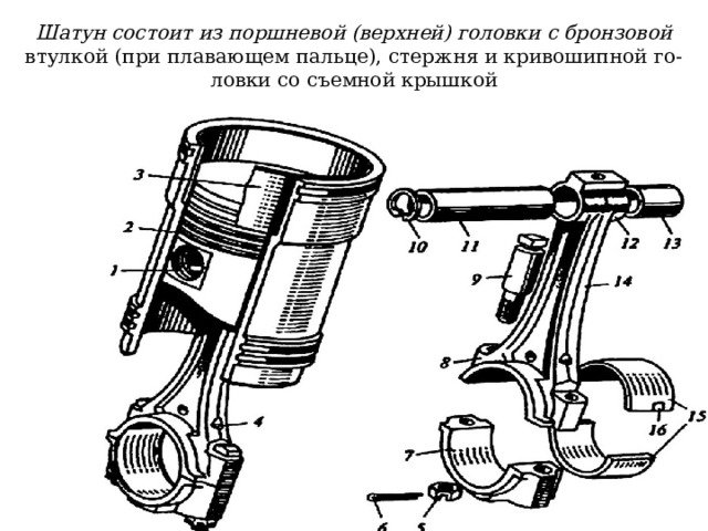 Шатун состоит из поршневой (верхней) головки с бронзовой  втулкой (при плавающем пальце), стержня и кривошипной го-  ловки со съемной крышкой 