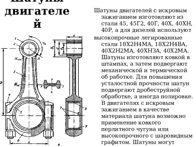 Шатуны двигателей Шатуны двигателей с искровым зажиганием изготовляют из стали 45, 45Г2, 40Г, 40Х, 40ХН, 40Р, а для дизелей используют высокопрочные легированные стали 18Х2Н4МА, 18Х2Н4ВА, 40Х2Н2МА, 40ХНЗА, 40Х2МА. Шатуны изготовляют ковкой в штампах, а затем подвергают механической и термической об работке. Для повышения усталостной прочности шатун подвергают дробеструйной обработке, а иногда полировке. В двигателях с искровым зажиганием в качестве материала шатуна возможно применение ковкого перлитного чугуна или высокопрочного с шаровидным графитом. Шатуны могут отливаться с использованием высокопрочных титановых сплавов или композитных материалов. 