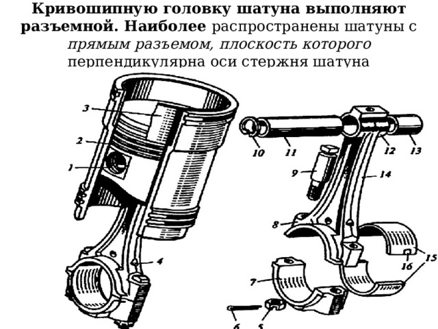 Кривошипную головку шатуна выполняют разъемной. Наиболее распространены шатуны с прямым разъемом, плоскость которого перпендикулярна оси стержня шатуна 