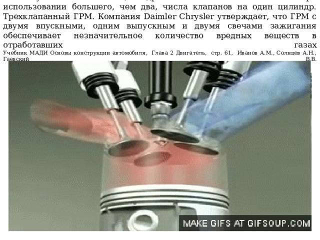  GIF -  Лучшее наполнение цилиндров и их очистка обеспечиваются при использовании большего, чем два, числа клапанов на один цилиндр. Трехклапанный ГРМ. Компания Daimler Chrysler утверждает, что ГРМ с двумя впускными, одним выпускным и двумя свечами зажигания обеспечивает незначительное количество вредных веществ в отработавших газах  Учебник МАДИ Основы конструкции автомобиля, Глава 2 Двигатель, стр. 61, Иванов A.M., Солнцев А.Н., Гаевский В.В.   