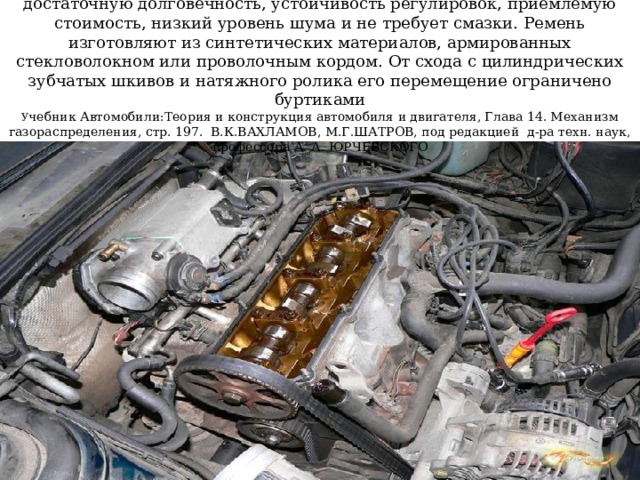 Привод распределительного вала зубчатым ремнем обеспечивает достаточную долговечность, устойчивость регулировок, приемлемую стоимость, низкий уровень шума и не требует смазки. Ремень изготовляют из синтетических материалов, армированных стекловолокном или проволочным кордом. От схода с цилиндрических зубчатых шкивов и натяжного ролика его перемещение ограничено буртиками  У чебник Автомобили:Теория и конструкция автомобиля и двигателя, Глава 14. Механизм газораспределения, стр. 197. В.К.ВАХЛАМОВ, М.Г.ШАТРОВ, под редакцией д-ра техн. наук, профессора А. А. ЮРЧЕВСКОГО   