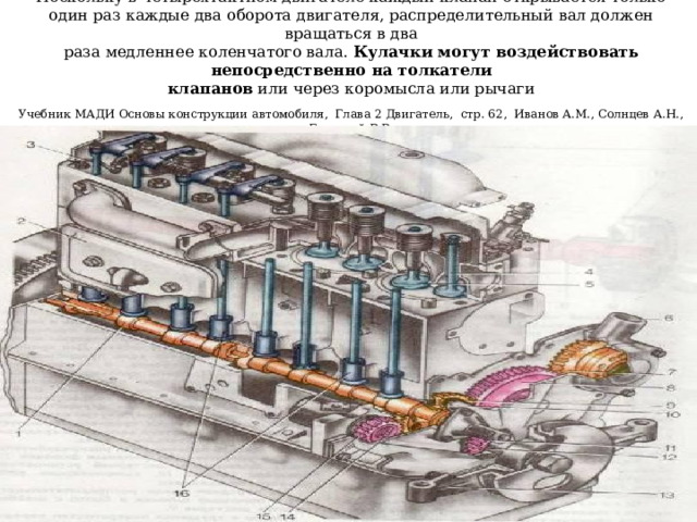 Поскольку в четырехтактном двигателе каждый клапан открывается только  один раз каждые два оборота двигателя, распределительный вал должен вращаться в два  раза медленнее коленчатого вала. Кулачки могут воздействовать непосредственно на толкатели  клапанов или через коромысла или рычаги   Учебник МАДИ Основы конструкции автомобиля, Глава 2 Двигатель, стр. 62, Иванов A.M., Солнцев А.Н., Гаевский В.В. 
