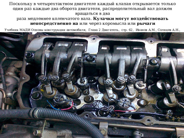 Поскольку в четырехтактном двигателе каждый клапан открывается только  один раз каждые два оборота двигателя, распределительный вал должен вращаться в два  раза медленнее коленчатого вала. Кулачки могут воздействовать непосредственно на или через коромысла или рычаги   Учебник МАДИ Основы конструкции автомобиля, Глава 2 Двигатель, стр. 62, Иванов A.M., Солнцев А.Н., Гаевский В.В. 