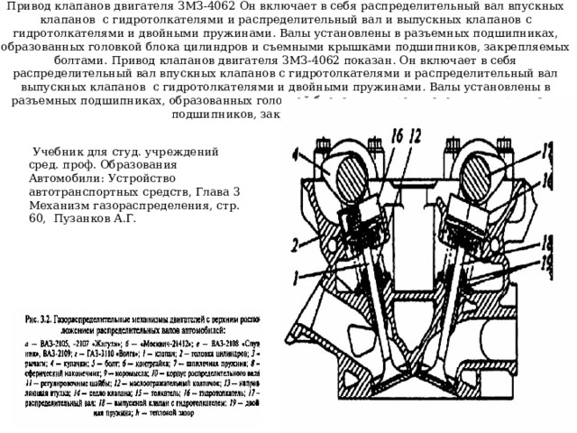 Привод клапанов двигателя ЗМЗ-4062  Он включает в себя распределительный вал впускных клапанов с гидротолкателями и распределительный вал и выпускных клапанов  с гидротолкателями и двойными пружинами . Валы установлены в разъемных подшипниках, образованных головкой блока цилиндров  и съемными крышками подшипников, закрепляемых болтами. Привод клапанов двигателя ЗМЗ-4062 показан . Он включает в себя распределительный вал впускных клапанов с гидротолкателями и распределительный вал выпускных клапанов  с гидротолкателями и двойными пружинами . Валы установлены в разъемных подшипниках, образованных головкой блока цилиндров  и съемными крышками подшипников, закрепляемых болтами  Учебник для студ. учреждений сред. проф. Образования Автомобили: Устройство автотранспортных средств, Глава 3 Механизм газораспределения, стр. 60, Пузанков А.Г. 