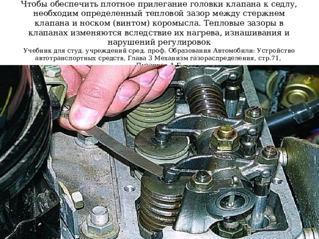   Чтобы обеспечить плотное прилегание головки клапана к седлу, необходим определенный тепловой зазор между стержнем клапана и носком (винтом) коромысла. Тепловые зазоры в клапанах изменяются вследствие их нагрева, изнашивания и нарушений регулировок  Учебник для студ. учреждений сред. проф. Образования Автомобили: Устройство автотранспортных средств, Глава 3 Механизм газораспределения, стр.71, Пузанков А.Г.   
