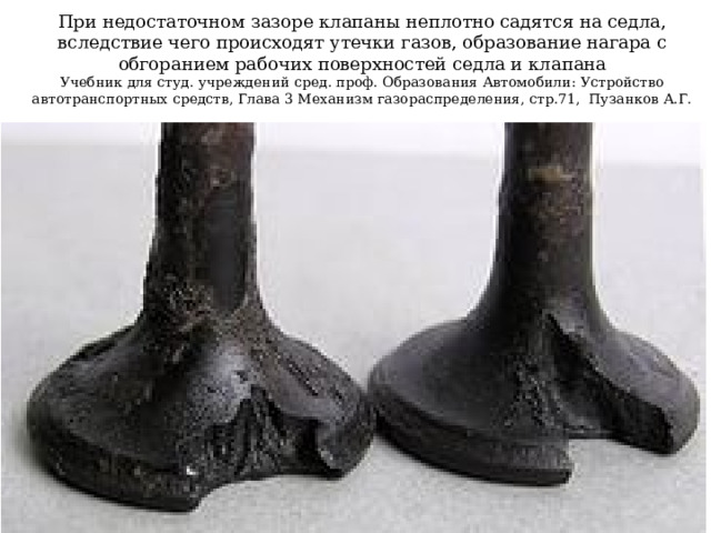 При недостаточном зазоре клапаны неплотно садятся на седла, вследствие чего происходят утечки газов, образование нагара с обгоранием рабочих поверхностей седла и клапана  Учебник для студ. учреждений сред. проф. Образования Автомобили: Устройство автотранспортных средств, Глава 3 Механизм газораспределения, стр.71, Пузанков А.Г. 
