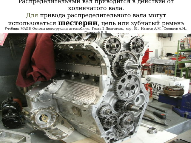 Распределительный вал приводится в действие от коленчатого вала.  Для привода распределительного вала могут использоваться шестерни , цепь или зубчатый ремень  Учебник МАДИ Основы конструкции автомобиля, Глава 2 Двигатель, стр. 62, Иванов A.M., Солнцев А.Н., Гаевский В.В. 