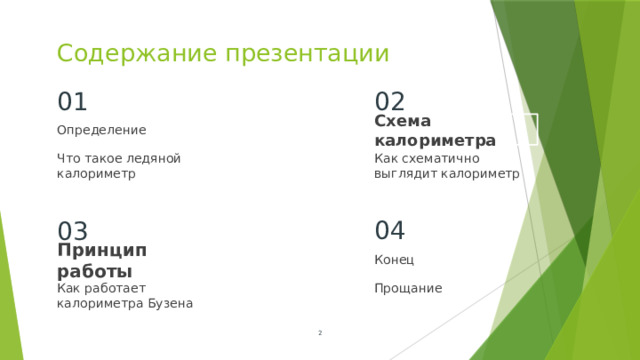 Содержание презентации 01 02 Схема калориметра Определение Как схематично выглядит калориметр Что такое ледяной калориметр 04 03 Конец Принцип работы Прощание Как работает калориметра Бузена  