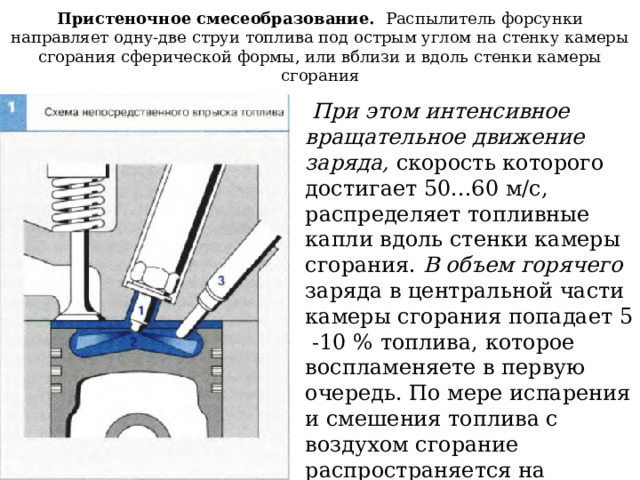 Пристеночное смесеобразование. Распылитель форсунки направляет одну-две струи топлива под острым углом на стенку камеры сгорания сферической формы, или вблизи и вдоль стенки камеры сгорания    При этом интенсивное вращательное движение заряда, скорость которого достигает 50...60 м/с, распределяет топливные капли вдоль стенки камеры сгорания. В объем горячего заряда в центральной части камеры сгорания попадает 5 -10 % топлива, которое воспламеняете в первую очередь. По мере испарения и смешения топлива с воздухом сгорание распространяется на основную часть топлива в пристеночном слое. 