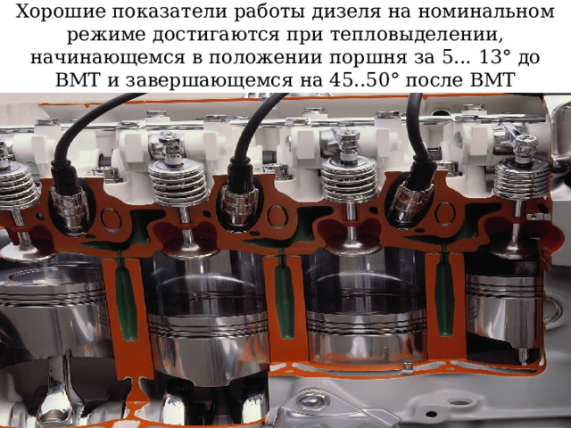 Хорошие показатели работы дизеля на номинальном режиме достигаются при тепловыделении, начинающемся в положении поршня за 5... 13° до ВМТ и завершающемся на 45..50° после ВМТ 