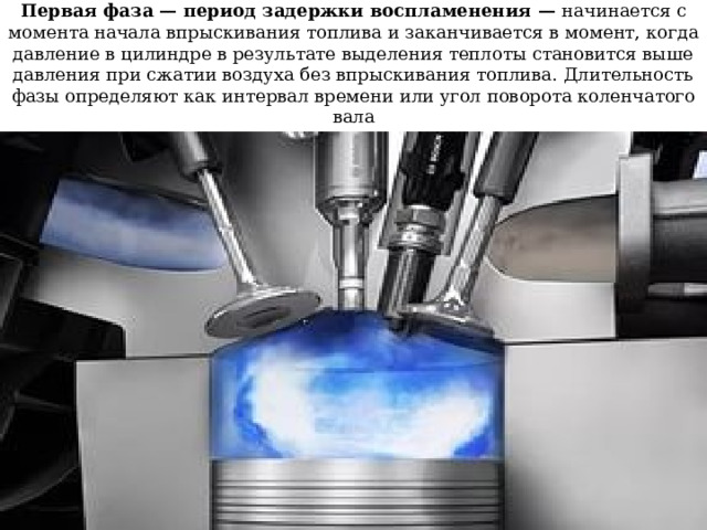 Первая фаза — период задержки воспламенения  — начинается с момента начала впрыскивания топлива и заканчивается в момент, когда давление в цилиндре в результате выделения теплоты становится выше давления при сжатии воздуха без впрыскивания топлива. Длительность фазы определяют как интервал времени или угол поворота коленчатого вала 