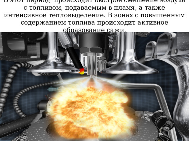 В этот период происходит быстрое смешение воздуха с топливом, подаваемым в пламя, а также интенсивное тепловыделение. В зонах с повышенным содержанием топлива происходит активное образование сажи. 