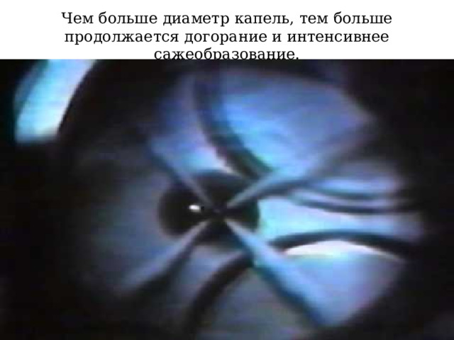 Чем больше диаметр капель, тем больше продолжается догорание и интенсивнее сажеобразование. 