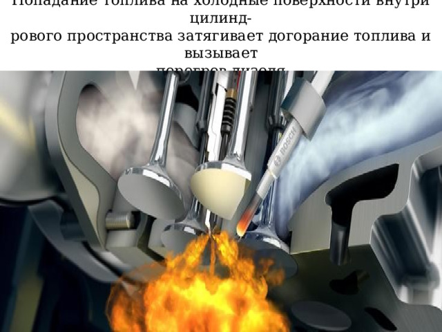 Попадание топлива на холодные поверхности внутри цилинд-  рового пространства затягивает догорание топлива и вызывает  перегрев дизеля 