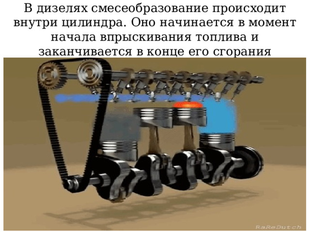 В дизелях смесеобразование происходит внутри цилиндра. Оно начинается в момент начала впрыскивания топлива и заканчивается в конце его сгорания 