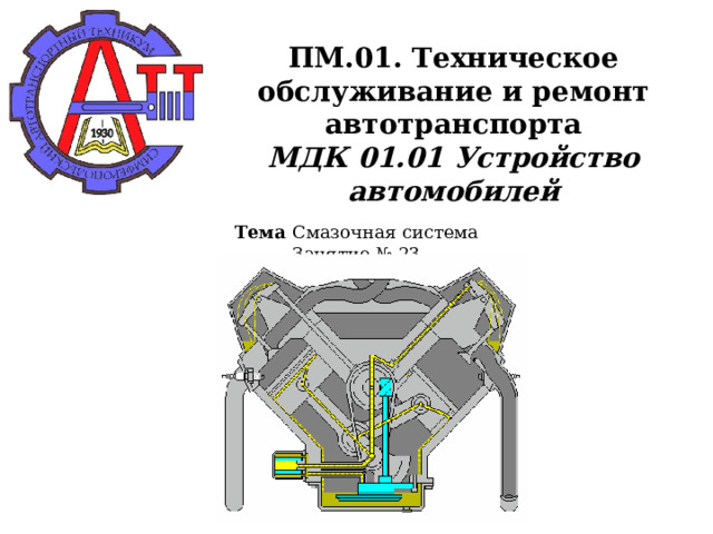       ПМ.01. Техническое обслуживание и ремонт автотранспорта  МДК 01.01 Устройство автомобилей    Тема Смазочная система  Занятие № 23   