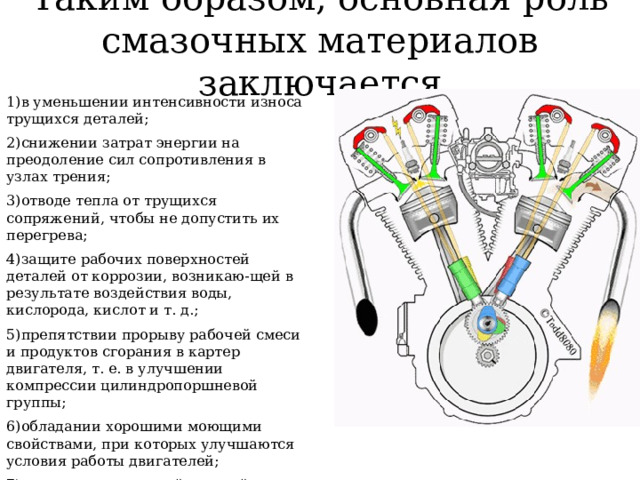 Таким образом, основная роль смазочных материалов заключается в уменьшении интенсивности износа трущихся деталей; снижении затрат энергии на преодоление сил сопротивления в узлах трения; отводе тепла от трущихся сопряжений, чтобы не допустить их перегрева; защите рабочих поверхностей деталей от коррозии, возникаю-щей в результате воздействия воды, кислорода, кислот и т. д.; препятствии прорыву рабочей смеси и продуктов сгорания в картер двигателя, т. е. в улучшении компрессии цилиндропоршневой группы; обладании хорошими моющими свойствами, при которых улучшаются условия работы двигателей; защите поверхностей деталей от образования на них смолистолаковых отложений нагаров, ухудшающих теплоотдачу деталей и т. д. 