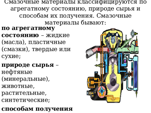 Смазочные материалы классифицируются по агрегатному состоянию, природе сырья и способам их получения. Смазочные материалы бывают: по агрегатному состоянию – жидкие (масла), пластичные (смазки), твердые или сухие; природе сырья – нефтяные (минеральные), животные, растительные, синтетические; способам получения – дистиллятные и остаточные 