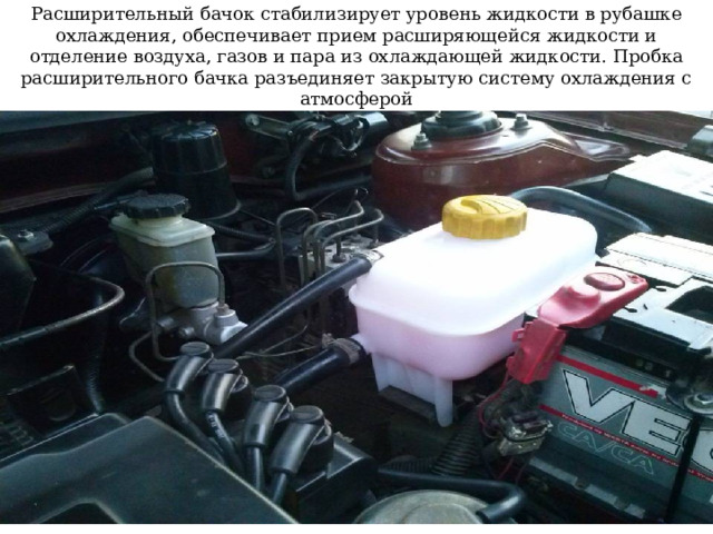 Расширительный бачок стабилизирует уровень жидкости в рубашке охлаждения, обеспечивает прием расширяющейся жидкости и отделение воздуха, газов и пара из охлаждающей жидкости. Пробка расширительного бачка разъединяет закрытую систему охлаждения с атмосферой 