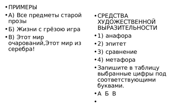 ПРИМЕРЫ A)  Все предметы старой прозы Б)  Жизни с грёзою игра В)  Этот мир очарований,Этот мир из серебра! СРЕДСТВА ХУДОЖЕСТВЕННОЙ ВЫРАЗИТЕЛЬНОСТИ 1)  анафора 2)  эпитет 3)  сравнение 4)  метафора Запишите в таблицу выбранные цифры под соответствующими буквами. А  Б  В         