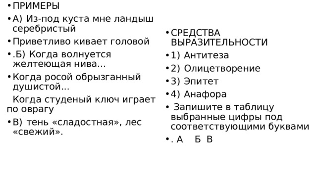 ПРИМЕРЫ А)  Из-под куста мне ландыш серебристый Приветливо кивает головой .Б)  Когда волнуется желтеющая нива... Когда росой обрызганный душистой...  Когда студеный ключ играет по оврагу В)  тень «сладостная», лес «свежий». СРЕДСТВА ВЫРАЗИТЕЛЬНОСТИ 1)  Антитеза 2)  Олицетворение 3)  Эпитет 4)  Анафора   Запишите в таблицу выбранные цифры под соответствующими буквами . А  Б  В        