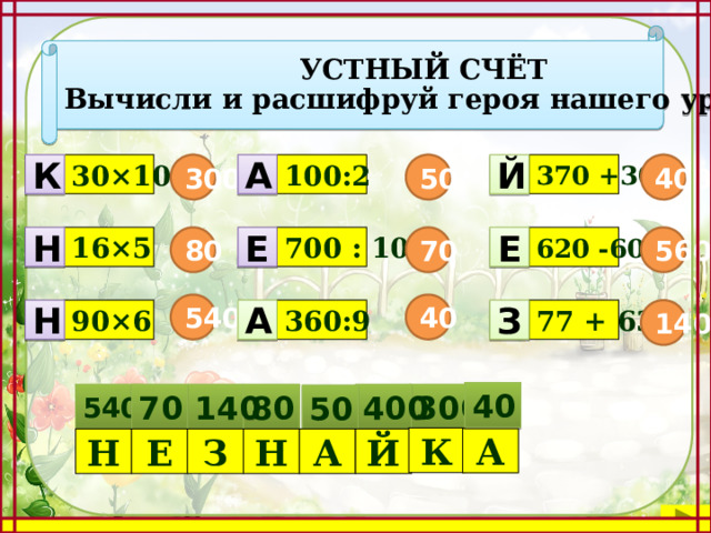 УСТНЫЙ СЧЁТ Вычисли и расшифруй героя нашего урока А 30×10 100:2 Й 370 +30 300 К 400 50 Е Н 560 80 70 620 -60 700 : 10 16×5 Е 40 540 А З Н 140 90×6 360:9 77 + 63 40 300 540 70 80 140 400 50 К А Й А Н Е Н З 