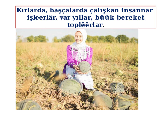 Kırlarda,  başçalarda  çalışkan  insannar  işleerlär,  var  yıllar,  büük  bereket toplȇȇrlar . 