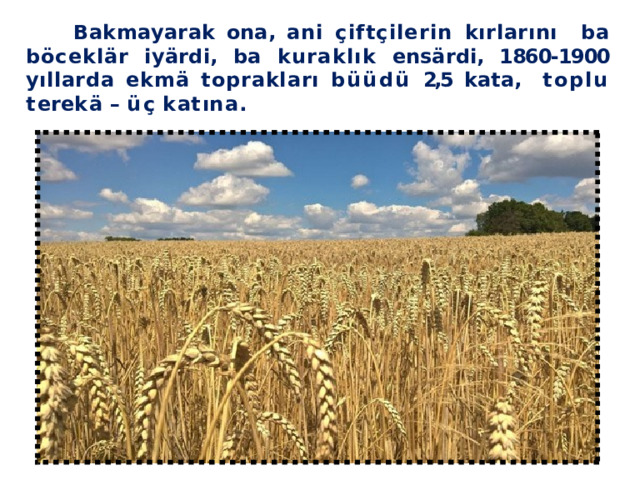 Bakmayarak ona, ani çiftçilerin kırlarını  ba böceklär iyärdi, ba kuraklık ensärdi, 1860-1900 yıllarda ekmä toprakları büüdü 2,5  kata,  t o p l u  t e r e k ä  –  ü ç  k a t ı n a . 