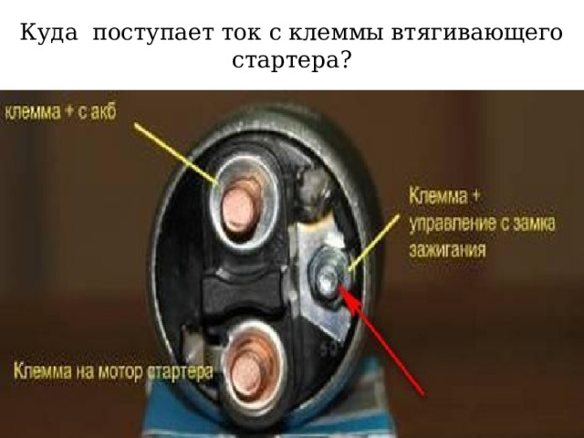 Куда поступает ток с клеммы втягивающего стартера? 