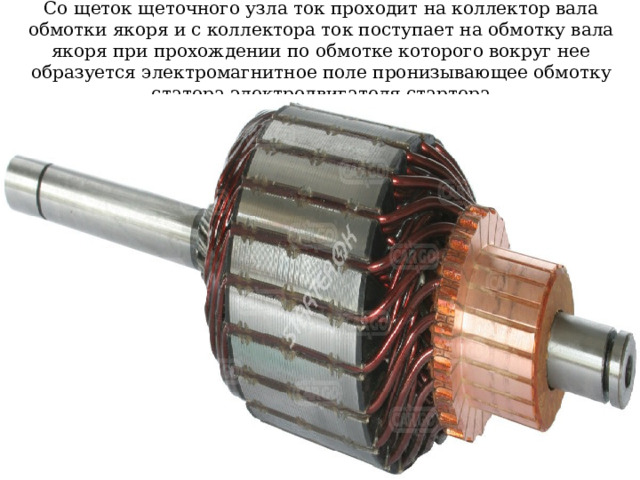Со щеток щеточного узла ток проходит на коллектор вала обмотки якоря и с коллектора ток поступает на обмотку вала якоря при прохождении по обмотке которого вокруг нее образуется электромагнитное поле пронизывающее обмотку статора электродвигателя стартера 