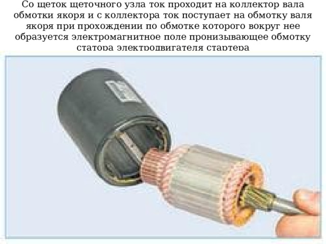 Со щеток щеточного узла ток проходит на коллектор вала обмотки якоря и с коллектора ток поступает на обмотку валя якоря при прохождении по обмотке которого вокруг нее образуется электромагнитное поле пронизывающее обмотку статора электродвигателя стартера 