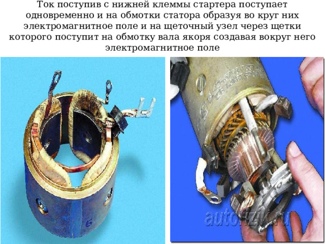Ток поступив с нижней клеммы стартера поступает одновременно и на обмотки статора образуя во круг них электромагнитное поле и на щеточный узел через щетки которого поступит на обмотку вала якоря создавая вокруг него электромагнитное поле 