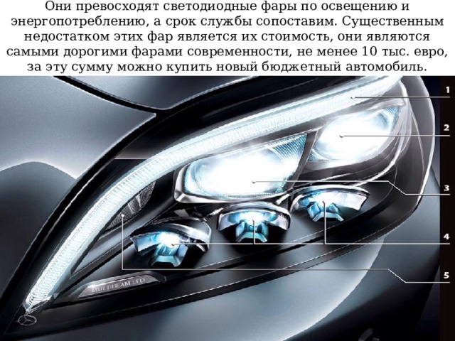 Они превосходят светодиодные фары по освещению и энергопотреблению, а срок службы сопоставим. Существенным недостатком этих фар является их стоимость, они являются самыми дорогими фарами современности, не менее 10 тыс. евро, за эту сумму можно купить новый бюджетный автомобиль. 