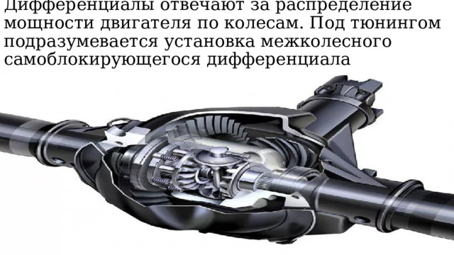 Дифференциалы отвечают за распределение мощности двигателя по колесам. Под тюнингом подразумевается установка межколесного самоблокирующегося дифференциала 