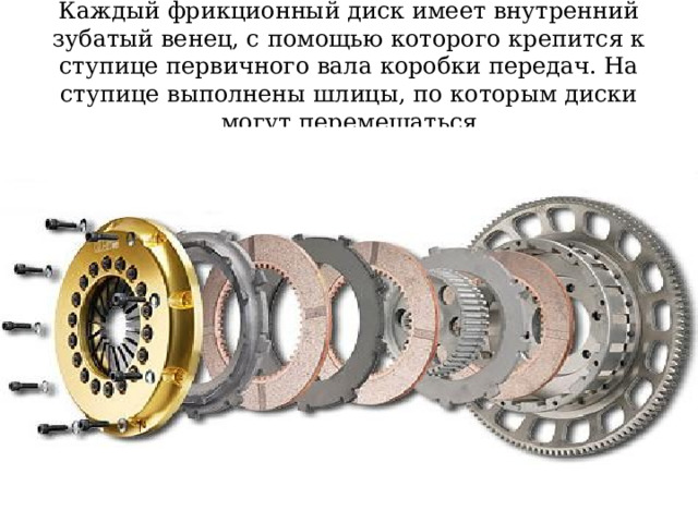Каждый фрикционный диск имеет внутренний зубатый венец, с помощью которого крепится к ступице первичного вала коробки передач. На ступице выполнены шлицы, по которым диски могут перемещаться 