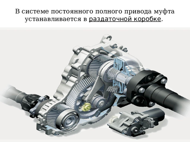 В системе постоянного полного привода муфта устанавливается в раздаточной коробке . 
