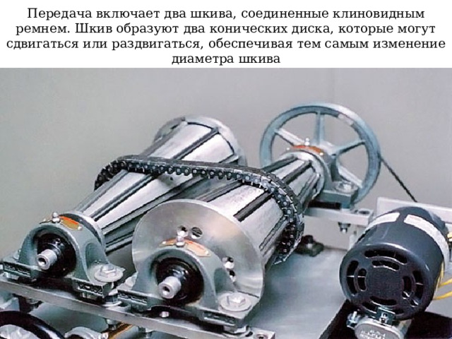Передача включает два шкива, соединенные клиновидным ремнем. Шкив образуют два конических диска, которые могут сдвигаться или раздвигаться, обеспечивая тем самым изменение диаметра шкива 