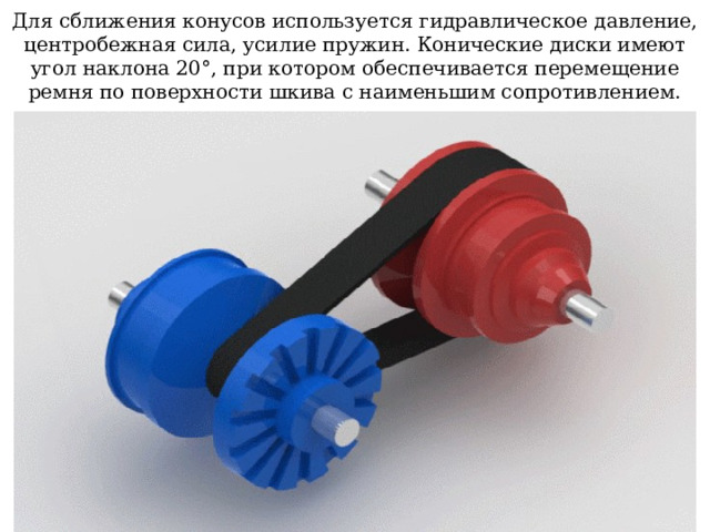 Для сближения конусов используется гидравлическое давление, центробежная сила, усилие пружин. Конические диски имеют угол наклона 20°, при котором обеспечивается перемещение ремня по поверхности шкива с наименьшим сопротивлением. 