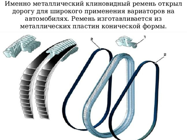 Именно металлический клиновидный ремень открыл дорогу для широкого применения вариаторов на автомобилях. Ремень изготавливается из металлических пластин конической формы. 