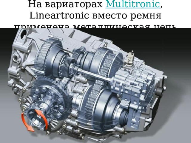 На вариаторах Multitronic , Lineartronic вместо ремня применена металлическая цепь 