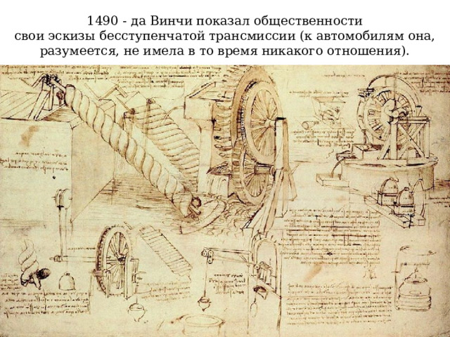 1490 - да Винчи показал общественности свои эскизы бесступенчатой ​​трансмиссии (к автомобилям она, разумеется, не имела в то время никакого отношения). 