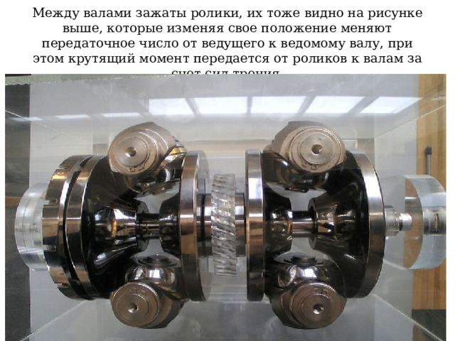 Между валами зажаты ролики, их тоже видно на рисунке выше, которые изменяя свое положение меняют передаточное число от ведущего к ведомому валу, при этом крутящий момент передается от роликов к валам за счет сил трения. 