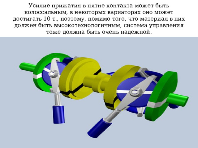 Усилие прижатия в пятне контакта может быть колоссальным, в некоторых вариаторах оно может достигать 10 т., поэтому, помимо того, что материал в них должен быть высокотехнологичным, система управления тоже должна быть очень надежной. 