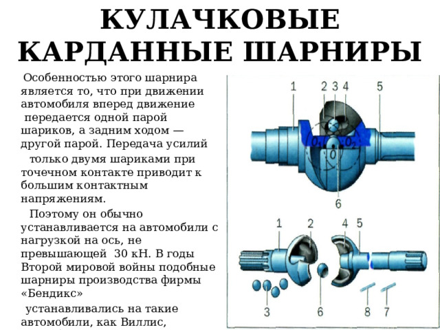 КУЛАЧКОВЫЕ КАРДАННЫЕ ШАРНИРЫ  Особенностью этого шарнира является то, что при движении автомобиля вперед движение передается одной парой шариков, а задним ходом — другой парой. Передача усилий  только двумя шариками при точечном контакте приводит к большим контактным напряжениям.  Поэтому он обычно устанавливается на автомобили с нагрузкой на ось, не превышающей 30 кН. В годы Второй мировой войны подобные шарниры производства фирмы «Бендикс»  устанавливались на такие автомобили, как Виллис, Студебекер, Додж. В отечественной практике  они применяются на автомобилях УАЗ, ГАЗ-66. 