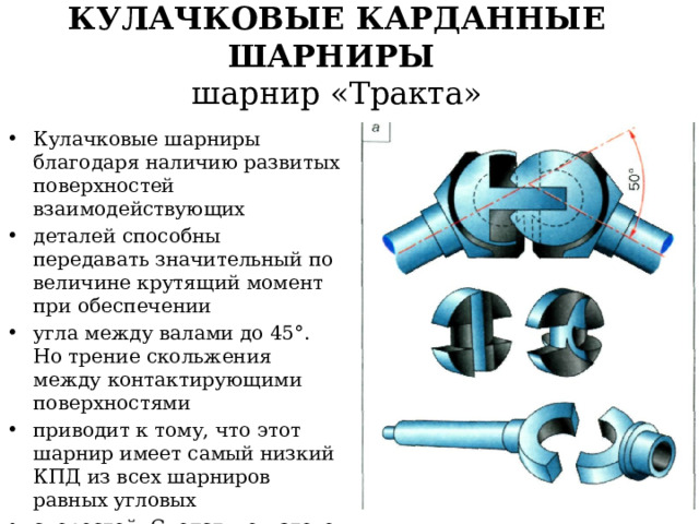 КУЛАЧКОВЫЕ КАРДАННЫЕ ШАРНИРЫ  шарнир «Тракта» Кулачковые шарниры благодаря наличию развитых поверхностей взаимодействующих деталей способны передавать значительный по величине крутящий момент при обеспечении угла между валами до 45°. Но трение скольжения между контактирующими поверхностями приводит к тому, что этот шарнир имеет самый низкий КПД из всех шарниров равных угловых скоростей. Следствием этого является значительный нагрев и задиры на деталях шарнира . 