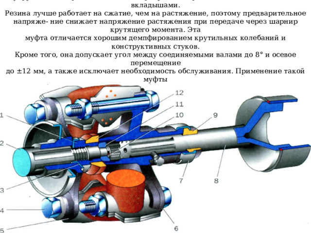 Упругая муфта Гуибо представляет собой предварительно сжатый резиновый  упругий шестигранный элемент с привулканизированными металлическими вкладышами.  Резина лучше работает на сжатие, чем на растяжение, поэтому предварительное напряже- ние снижает напряжение растяжения при передаче через шарнир крутящего момента. Эта  муфта отличается хорошим демпфированием крутильных колебаний и конструктивных стуков.  Кроме того, она допускает угол между соединяемыми валами до 8° и осевое перемещение  до ±12 мм, а также исключает необходимость обслуживания. Применение такой муфты  в высокооборотных трансмиссиях требует установки центрирующего элемента. 