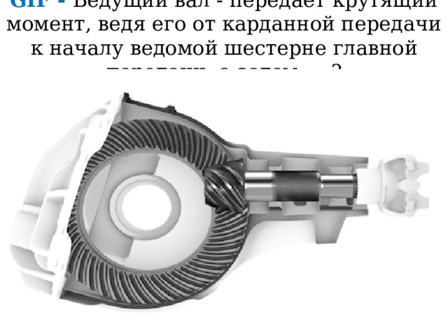 GIF - Ведущий вал - передаёт крутящий момент, ведя его от карданной передачи к началу ведомой шестерне главной передачи, а затем…..? 